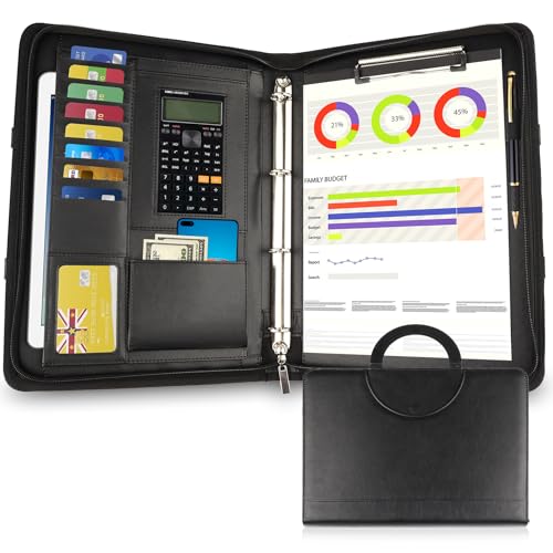 New Version A4 Zippered Conference Leather Business Document Bag Portfolio Folder with Zipper with Ring Binder (Black)