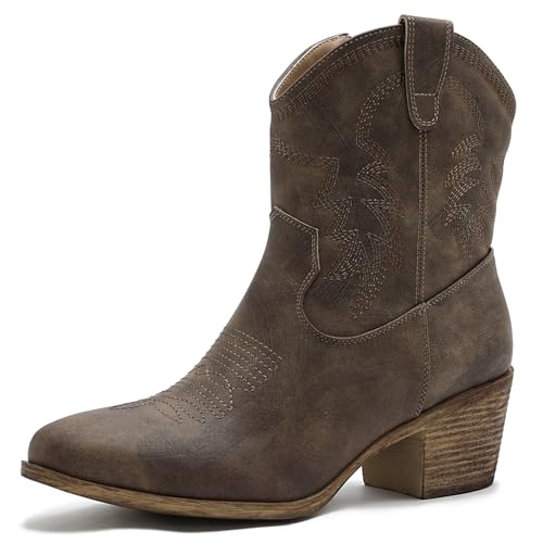 Image of GLOBALWIN Women's Cowgirl Boots Ankle Brown Cowboy Boots With Embroidered Stitching Low Heel Comfortable Western Boots For Country Outfits