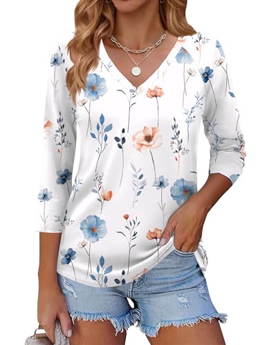 Image of Zeagoo 3 /4 Length Sleeve Womens Tops Casual V Neck Shirts Soft Basic Tees Business Work Blouses