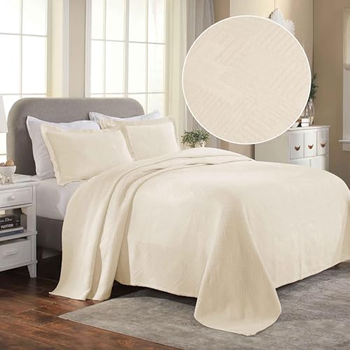 Superior Geometric Fret 3 Piece Cotton Bedspread Set, Home Bed Decor, Decorative Bed Spread, 2 Pillow Shams, Medium Weight Blanket, Matelasse Coverlet Bedding, Modern Design, Queen, Ivory