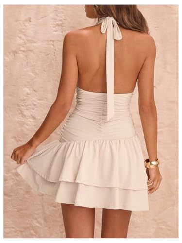 Floerns Women's Deep V Neck Ruched A Line Halter Mini Dresses Tie Front Asymmetrical Layered Club Party Dresses2