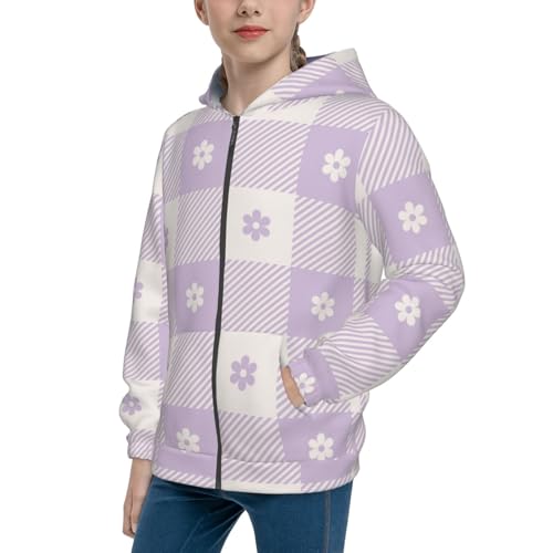 Floral Purple Buffalo Plaid Kid Hoodies Boys Zip Up Sweatshirts Girls Pullover with Pocket