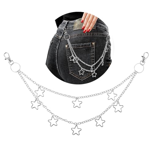 Silver Star Belt for Pants Chain,Vintage Belts for Women Gothic Punk Style Jean Skirt Chain Belt Star Layered Pocket Pants Waist Chains, Rock Hip-Hop Style Adjustable Jean Waist Wallet Chains