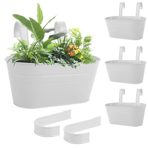 LDHHYH 4PCS Hanging Flower Pots, Grey Fence Hanging Planters, Large Hanging Plant Pots Outdoor for Railing, with Detachable Hook, Metal Hanging Flower Pots for Fence Balcony Garden