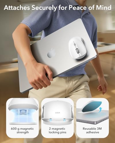 Image of ESR MagMouse Snap-to-Carry Bluetooth Mouse, Rechargeable Wireless Mouse for Laptop with Built-in Charging Cable, Reusable Adhesive Holder, BT 5.0 + 2.4 GHz Connectivity, Silent, Ergonomic, White