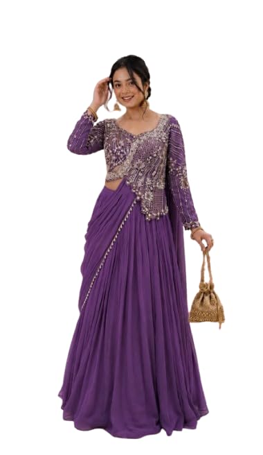Lehenga Choli Indo-Western Draped Set For Womens And Girls Ready To Wear Hevay Rangoli Silk Fabric With Work Multi Thread Embroidery Sequence Work-image-44