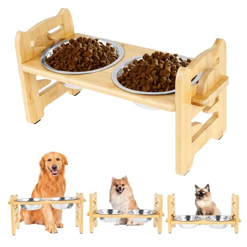 Gamelles surélevées en bois pour chien - Hauteur réglable - Avec 2 gamelles en acier inoxydable et pieds antidérapants - Gamelle robuste inclinée à 15° - Gamelle surélevée pour chiens et chats