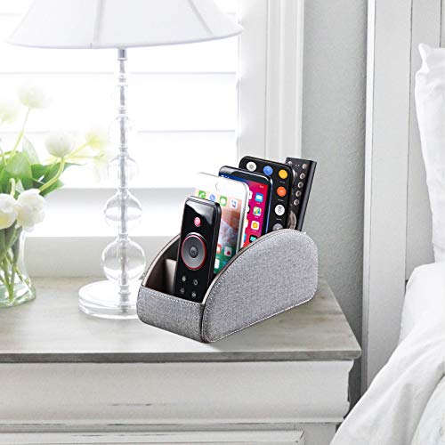 TV Remote Control Holder with 5 Compartments,Pu Leather Remote Caddy/Box/Tray Nightstand Desktop Storage Organizer Store DVD,Blu-Ray,Media Player,Heater Controllers and Makeup Office Supplies Grey
