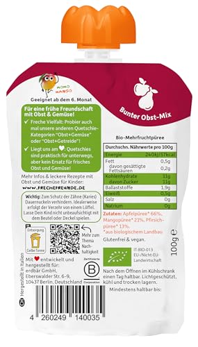 FRECHE FREUNDE Bio Quetschie Apfel, Mango & Pfirsich, Fruchtmus mit Obst im Quetschbeutel für Babys ab dem 6. Monat, vegan, 6er Pack (6 x 100g)
