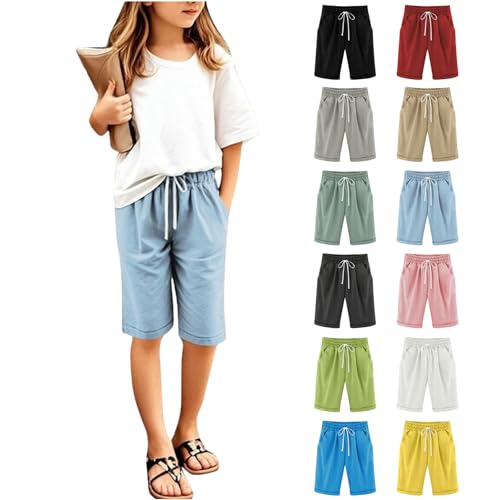 Shorts for Girls Summer Casual Knee Length Bermuda Shorts Kids High Waisted Drawstring Short Pants Teen Girls Clothes