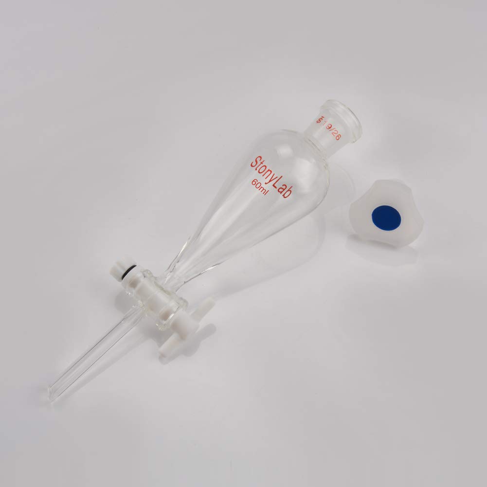 stonylab Borosilicate Glass 60 ml Heavy Wall Conical Separatory Funnel with 19/26 Joints and PTFE Stopcock, 60 ml