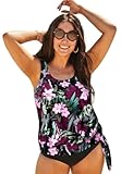 Swimsuits For All Women's Plus Size Scoop Neck Relaxed Fit Side Tie Blouson Tankini Top - 18, Wine Pink Flower (Plus