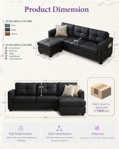 Image of Black Faux Leather Sofa, L-Shaped Sectional Couch, USB Ottoman, Living Room | TYBOATLE, Faux Leather Sectional Sofa, L Shaped Couch, Modular Convertible, Side Pockets, Living Room, RV, Apartment, Office