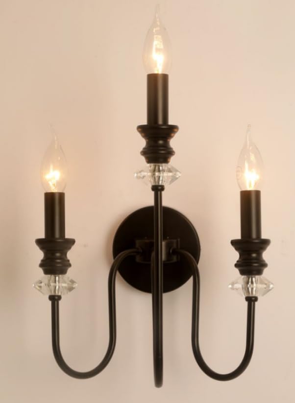 Vinilky Vintage Black Wall Light, Triple E14 3 Bulb Wall Sconce, Iron Crystal Indoor Wall Lighting for Living Room, Staircase, Hallway, Bedroom, Dining Room