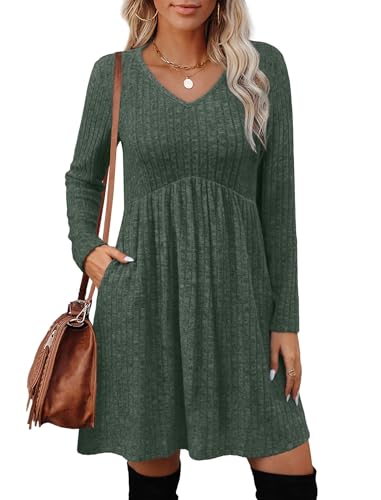OFEEFAN Long Sleeve Sweater Dress Fall Dresses 2025 V Neck Empire Waist Baby Doll Dresses Women Casual Dress with Pockets - Image 3