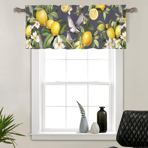 HDESDIS 1 Panel Rustic Lemon Bird Window Valances, Yellow Fruit Food Window Treatment Decor Curtains Rod Pocket Valances for Kitchen/Living Room, 54