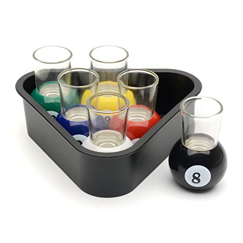 CKB LTD Lot de 6 verres à shot en forme de boule de billard avec plateau de service triangulaire – Table de billard fantaisie pour salle de jeux à boire