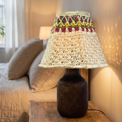 Image of The Decor Mart Crochet Shade Table Lamp with Wooden Base|Sleek Decor Decorative Beside Light for Desk,Bedroom, Living Room, Home Office and Hotel(20x20x30 cm) (White)