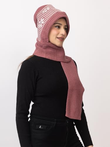 Image of AMOLDO Women's Winter Woolen Soft Warm Knitted Designer Muffler Beanie Cap with Fur | Fleece Printed Woolen Hat with Attached Scarf for Cold Weather