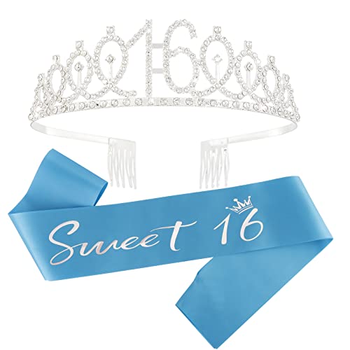 Semato 16th Birthday Tiara and Sash Kit - Silver Sweet 16 Birthday Decorations - 3 Piece Set for Girls (Blue)