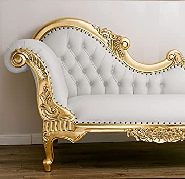 Image of Chaise Lounge Royal Carving Sofa Design Golden Polished and Leatherette Cover (3-Person Sofa, White)