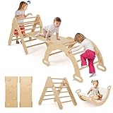 COSTWAY Kletterdreieck mit Rutsche, Kletterbogen, inkl. Kissen & doppelseitige Rampe, zum Klettern, Rutschen und Wippen, 4 in 1 Klettergerüst Indoor ab 1 Jahr (Holzfarbe)