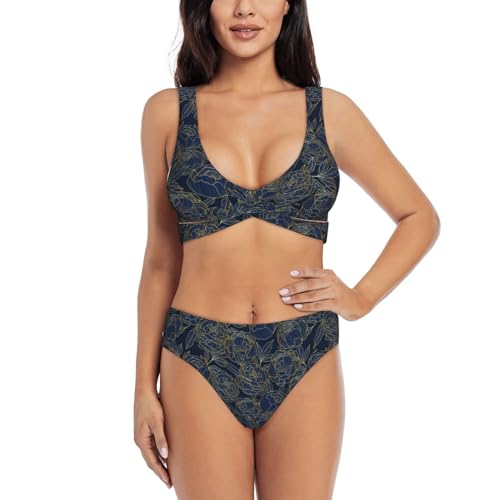 Trajes de baño para mujer, bikini 2024, conjunto de bikini de cintura alta suave y elástico de peonías doradas para mujer, Negro, XXL