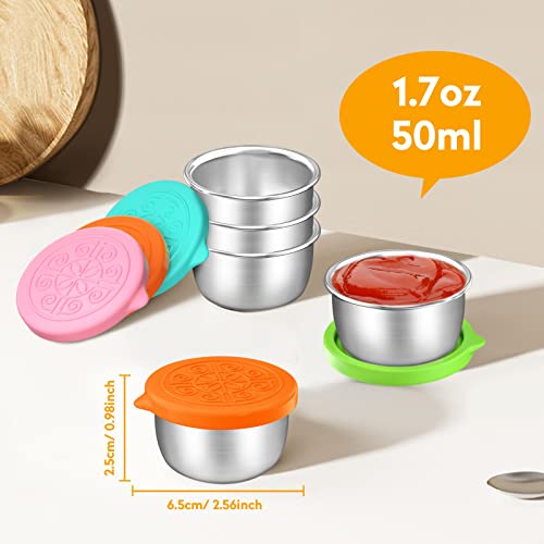 Salad Dressing Container To Go, 6Pack 1.7Oz Stainless Steel Condiment Containers Cups With Silicone Lids For Bento Box Lunch Picnic Travel, Leakproof, Easy Open, Reusable Small Dipping Sauce Cups #TOP2