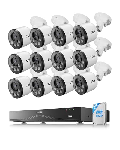 ZOSI 8MP Kit Cámaras de Vigilancia PoE 16CH Grabador NVR y 4TB Disco Duro Sistema con 12x 4K CCTV Cámara de Seguridad Exterior e Interior, Visión Nocturna, Detección y Alarma de Persona/Vehículo