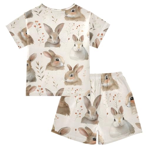 ALAZA Lovely Rabbit Watercolor Leaves Pajamas Short Sleeve 2 Piece Sleepwear Top and Bottom Pajama Set Unisex2