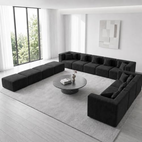 Image of MONVANE 185 inch U-Shaped 12 Seat Modular Sectional Cloud Couch, Jet Black | Sectional Couches for Living Room, High Supportive Backrests, Movable Ottomans, Deep Seat, No Assembly Required