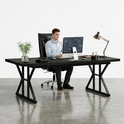 Image of Executive Computer Work Desk | Wooden Office Table for Home, Office, Workstation, Study | Strong Metal Frame Computer Table (Black)