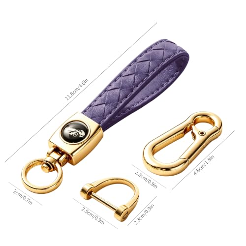 Image of Gkeygo Carabiner Keychain, Universal Heavy Duty Woven Handmade Leather Key Chain, Car Fob Key Keychains with 360 Degree Rotatable Snap Swivel and Anti-Lost D-Ring for Men and Women,Light Gold - Purple