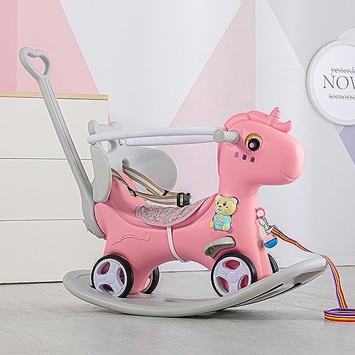 Versatile Rocking Horse for Toddlers 1-3 Age, 4 in 1 Baby Rocking Horse Toy Fun Birthday Gift, Ride on Toys for Boys Girls with Balance Bike Push Cart Detachable Balance Board