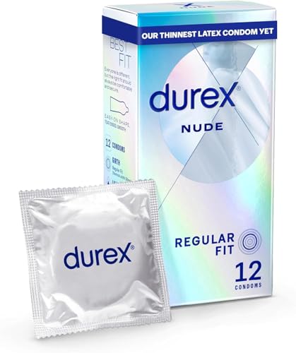 Durex Nude, Ultra Thin, 12 Condoms, Regular Fit, with Silicone Lube, Easy on Shape, Teat Ended, Our Thinnest Latex Condom Yet, Transparent Natural Latex Condoms, Trusted Durex Protection
