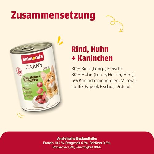 animonda Carny Katzen Nassfutter Kitten Rind + Huhn + Kaninchen (12 x 400g), Kitten getreidefreies Katzennassfutter ohne Zucker für wachsende Kätzchen bis 1 Jahr, mit frischen Zutaten 3