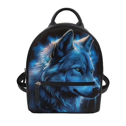 White Wolf Print Mini Backpack for Boys Teens Child Leather Casual Rucksack Top-Handle Bag Shoulder Bags,Blue Wolf