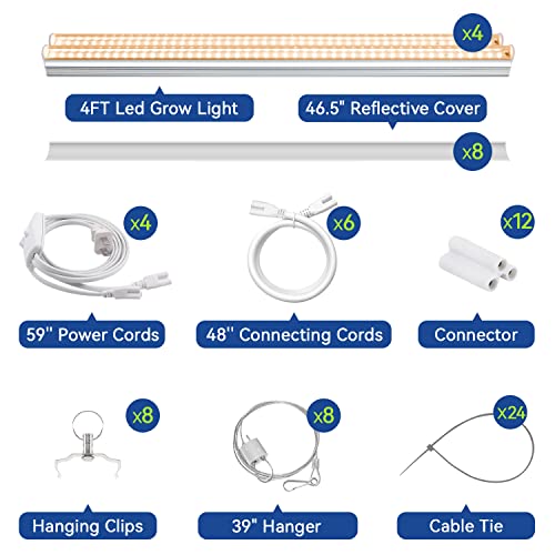 Monios-L T5 Led Grow Light, 4Ft Full Spectrum Sunlight Replacement With Reflector, 240W(4×60W) Double Tube White Light Integrated Fixture With Hanging System For Indoor Plants,Plug And Play 4-Pack #TOP6