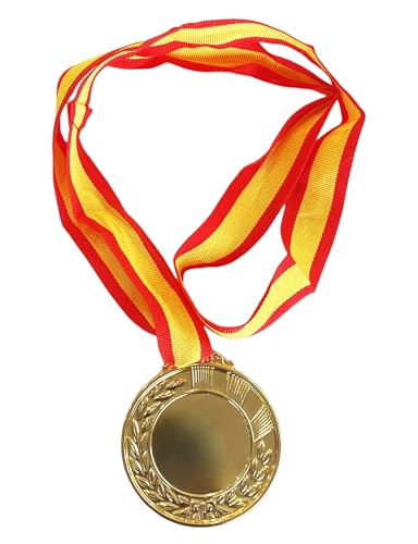 Medallas Premio Ganador Metal con Cintas, para niños y Adulto como obsequio - con Cinta roja y Amarilla aptas para Varios Eventos Deportivos (1 Dorada 5 cm)