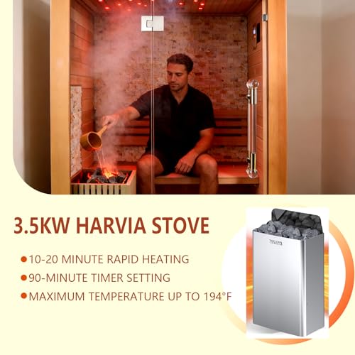 Image of Smartmak Indoor Steam Sauna Room, 2-Person Canadian Hemlock Home Sauna, 3.5KW Harvia Stove, Bluetooth Speaker, Sauna Stones, Wooden Bucket & Scoop, Reading Light(220V)