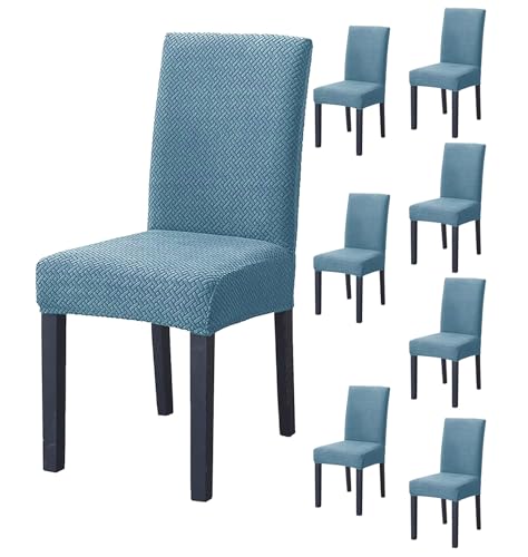 Image of House of Quirk Elastic Jacquard Chair Cover Stretch Removable Washable Short Dining Chair Cover Protector Seat Slipcover (Pack of 8, Sky Blue)