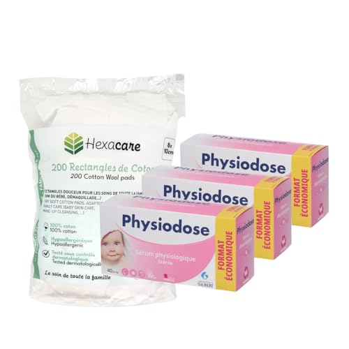 Pack Fisiodosis 3+1 | 3 suero fisiológico 40 x 5 ml + 200 rectángulos de algodón Hexacare 8 x 10 cm | Higiene diaria para bebé | Formato económico