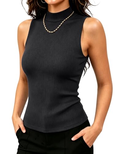 Prettywear Womens Mock Turtleneck Tank Tops Sleeveless Ribbed Slim Fitted Business Casual Work Layering Shirts Black M