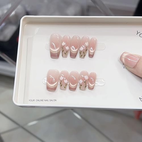 Chonor Uñas Postizas 3D Tulipán Cat Eye – Uñas Decoradas con Brillo Blush Hechas a Mano, Kit de Manicura Ultradelgada Reutilizable de Salón, 10 Piezas