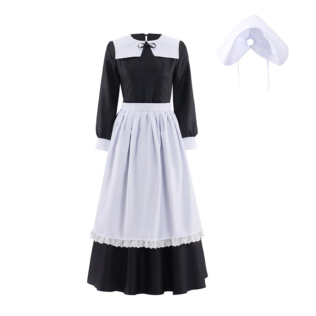 ASTRICOS Colonial Prairie Dress Costume Maid Outfit Long Dress With Hat Apron Set Womens Historical Prairie Dress (S)