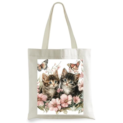 Cat Women Canvas Tote Bag - Cute Aesthetic Reusable Grocery Shoulder Bags for Gifts, Shopping, Travel, Vacation