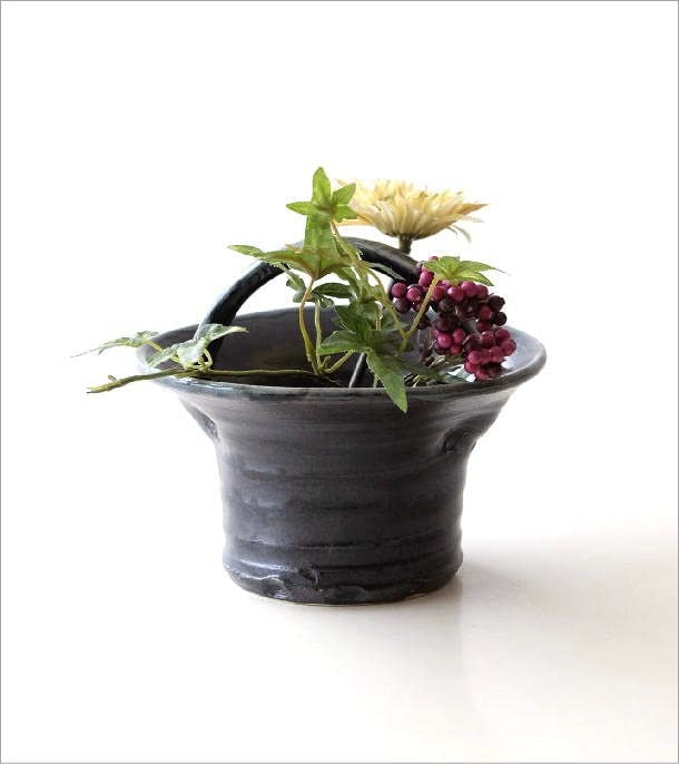 Amazon.co.jp: 花瓶 おしゃれ 花器 和風 瀬戸焼 和陶器ベース 黒釉手付