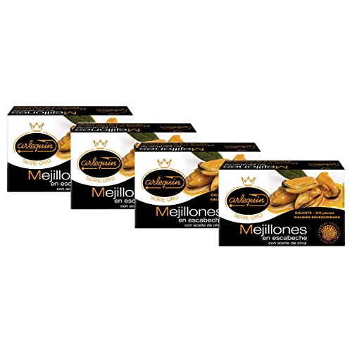 ARLEQUIN Serie Oro Mejillón de las Rias Gallegas en Escabeche, Pack de 4 Latas de 120 grs. y 6/8 Unds (480 grs. y 24/32 Unds)