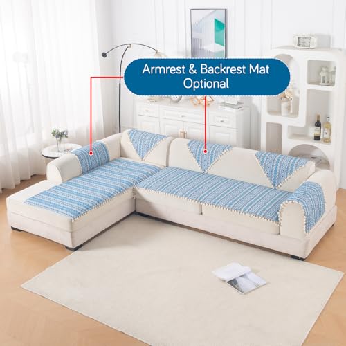 Image of HOKIPO L Shape (2+2 Seater) Sofa Cover Seat Mat | 300 GSM Cotton Acrylic Jacquard Fabric with Tassel, 'Trivana Series' Aqua Blue (IN-934+935-J7)