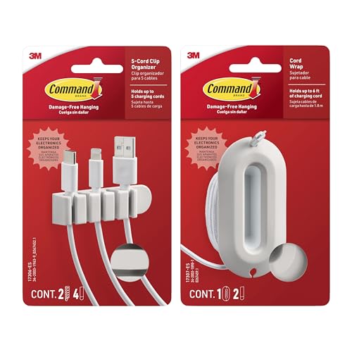 Image of Command 5-Cord Clip Organizer and Wrap Bundle, 2 Clips, 1 Wrap and 6 Medium Strips, White, Great for Damage-Free Electronics Organization Under Desk or Wall Mount